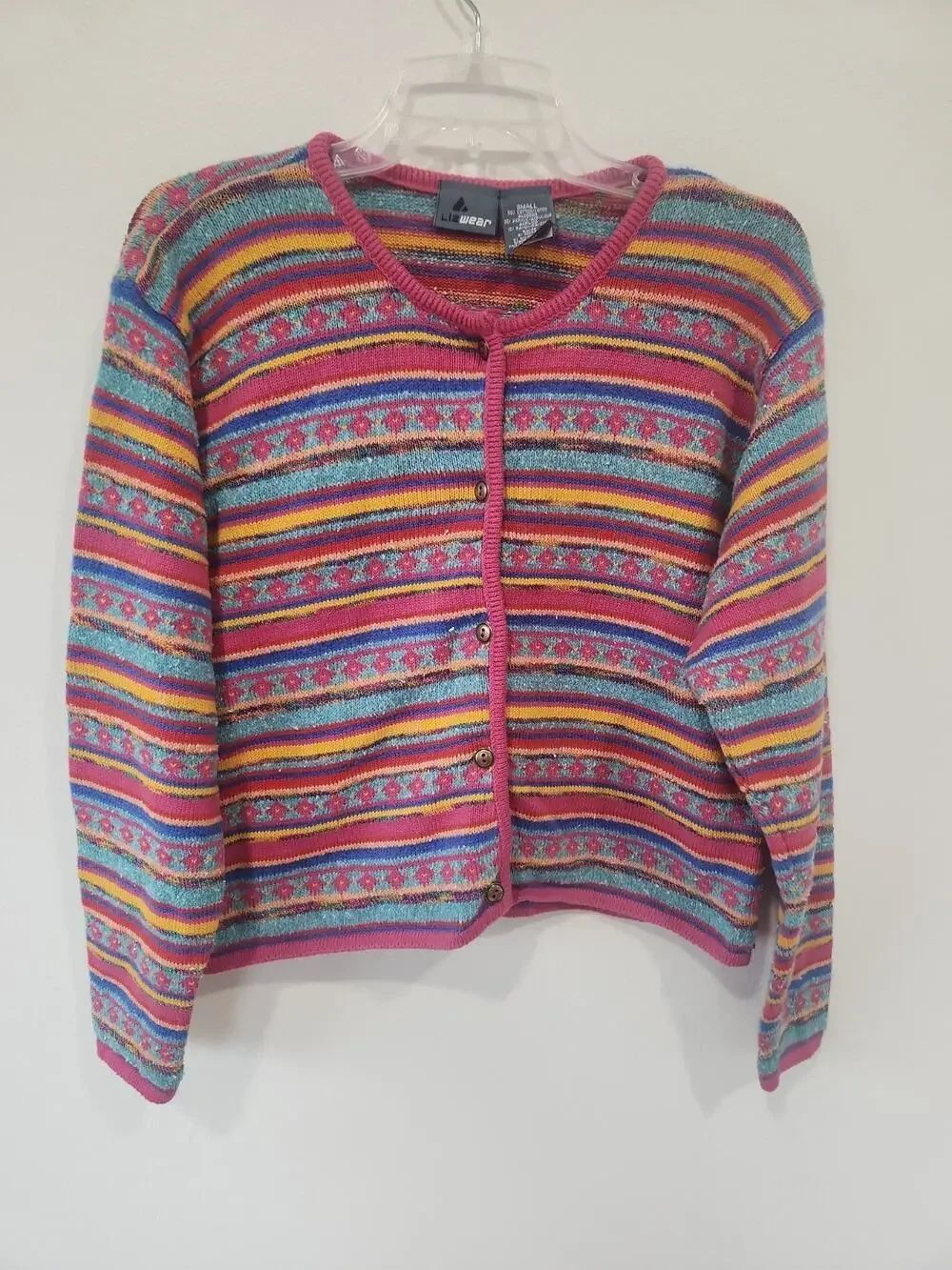 Vintage Liz Claiborne Cardigan Sweater Sz Small Pink Fair Isle Nordic Colorful